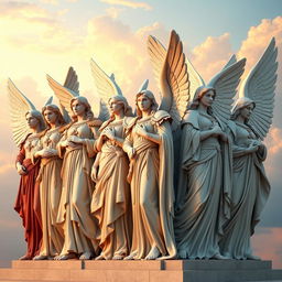 A breathtaking portrayal of different archangels standing alongside each other in a classical sculpture style, embodying a sense of readiness to protect and serve