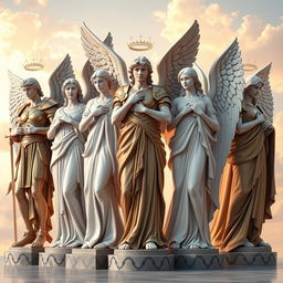 A breathtaking portrayal of different archangels standing alongside each other in a classical sculpture style, embodying a sense of readiness to protect and serve