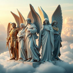 A breathtaking portrayal of different archangels standing alongside each other in a classical sculpture style, embodying a sense of readiness to protect and serve