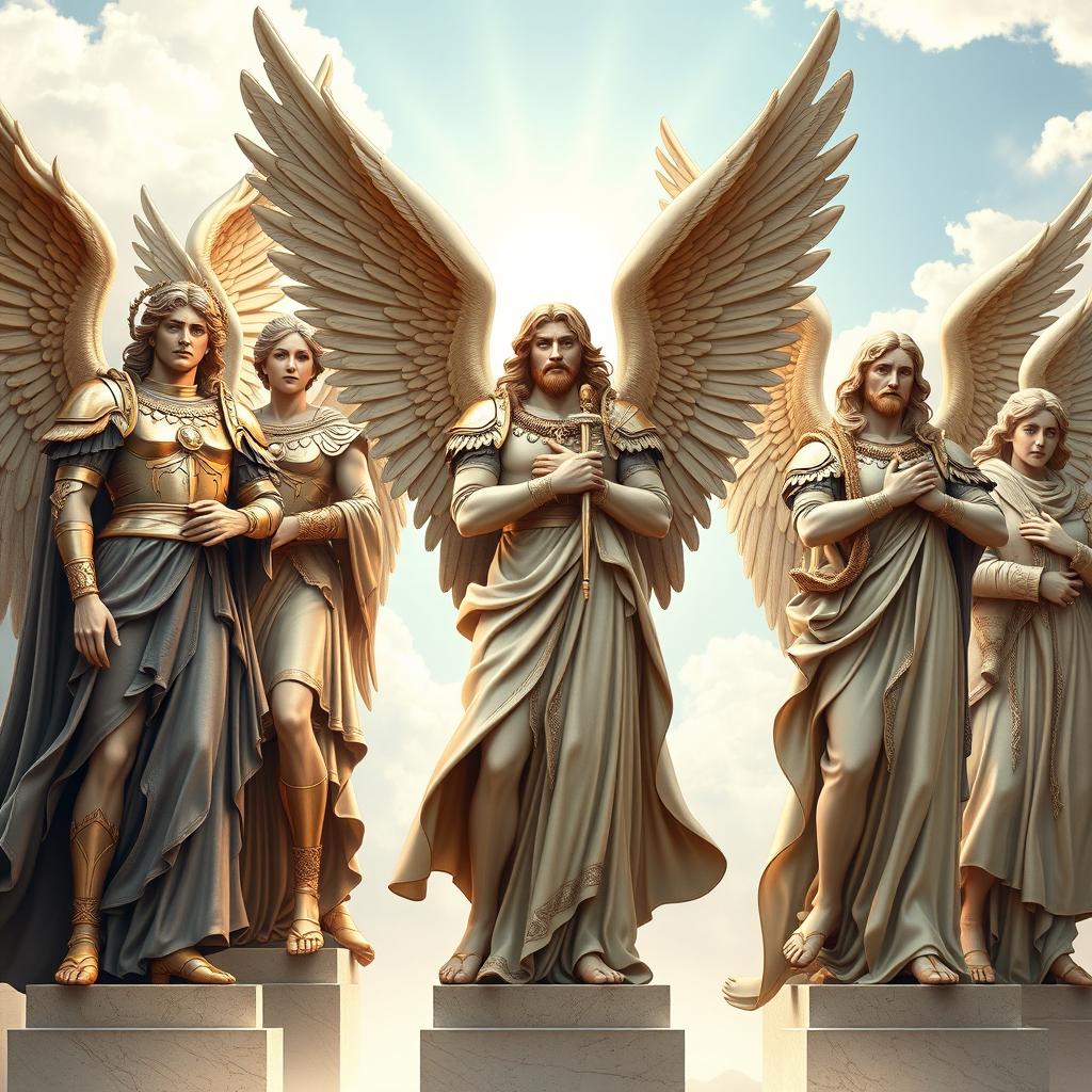 A magnificent illustration of different archangels standing resolutely alongside each other, embodying a guardian spirit ready to protect and serve