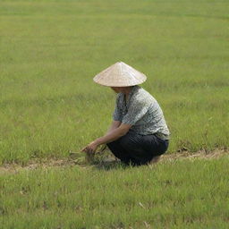 A woman, framed as a motherly figure, is engrossed in harvesting paddies amid a vast, sunlit rice field.