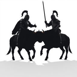 A dramatic full view silhouette of two knights facing each other in a fierce duel, both mounted on a strong bull