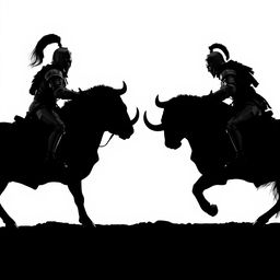 A dramatic full view silhouette of two knights facing each other in a fierce duel, both mounted on a strong bull