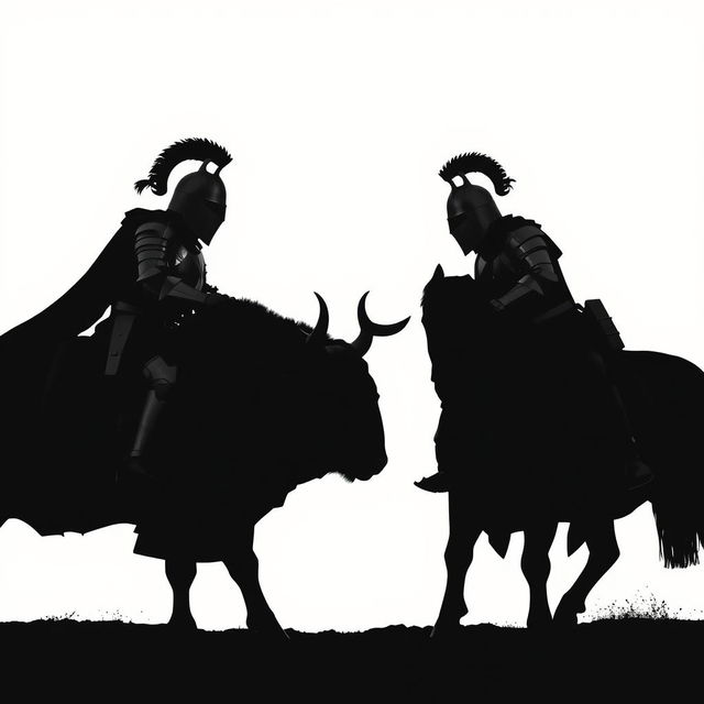 A dramatic full view silhouette of two knights facing each other in a fierce duel, both mounted on a strong bull