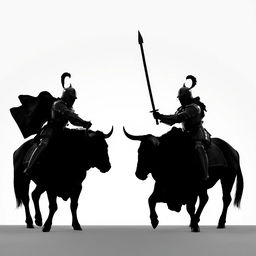 A dramatic full view silhouette of two knights facing each other in a fierce duel, both mounted on a strong bull