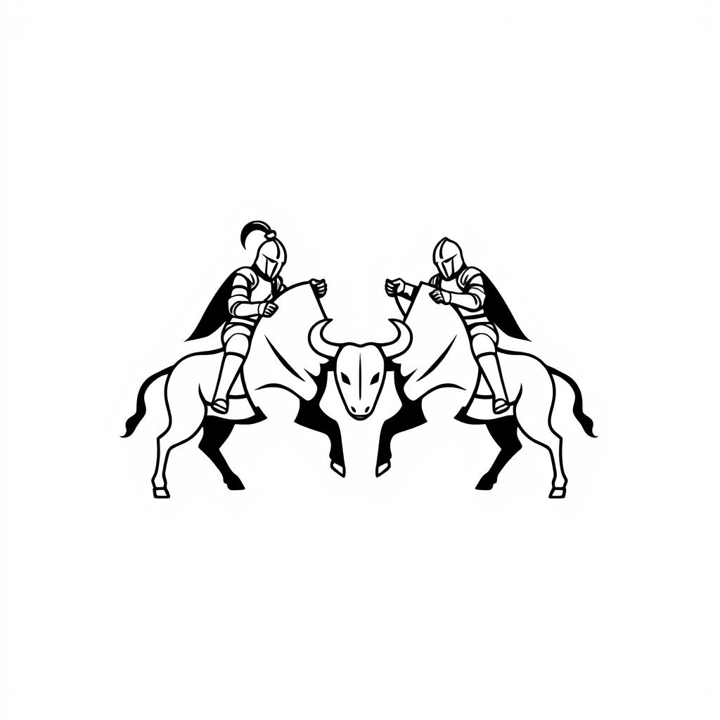 A minimalist black and white logo design featuring two knights facing each other in combat, both riding a stylized bull