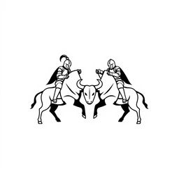 A minimalist black and white logo design featuring two knights facing each other in combat, both riding a stylized bull