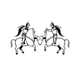 A minimalist black and white logo design featuring two knights facing each other in combat, both riding a stylized bull