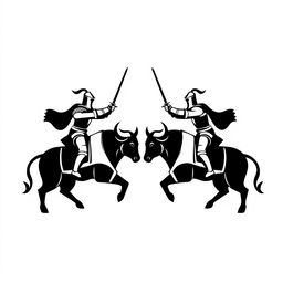 A minimalist black and white logo design featuring two knights facing each other in combat, both riding a stylized bull