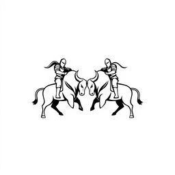 A minimalist black and white logo design featuring two knights facing each other in combat, both riding a stylized bull