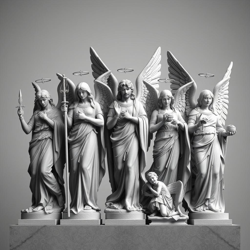 An evocative image featuring different archangels positioned alongside each other, some standing and others seated, all ready to protect and serve