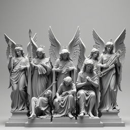 An evocative image featuring different archangels positioned alongside each other, some standing and others seated, all ready to protect and serve