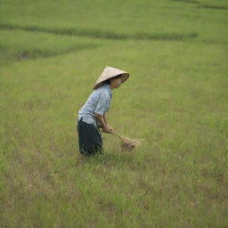 A woman, framed as a motherly figure, is engrossed in harvesting paddies amid a vast, sunlit rice field.