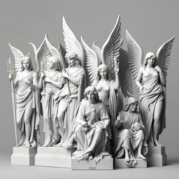 An evocative image featuring different archangels positioned alongside each other, some standing and others seated, all ready to protect and serve