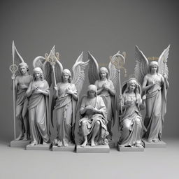 An evocative image featuring different archangels positioned alongside each other, some standing and others seated, all ready to protect and serve