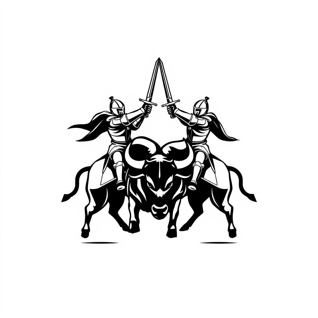 A simplistic black and white logo design that captures an epic scene of two knights clashing, both riding a robust bull