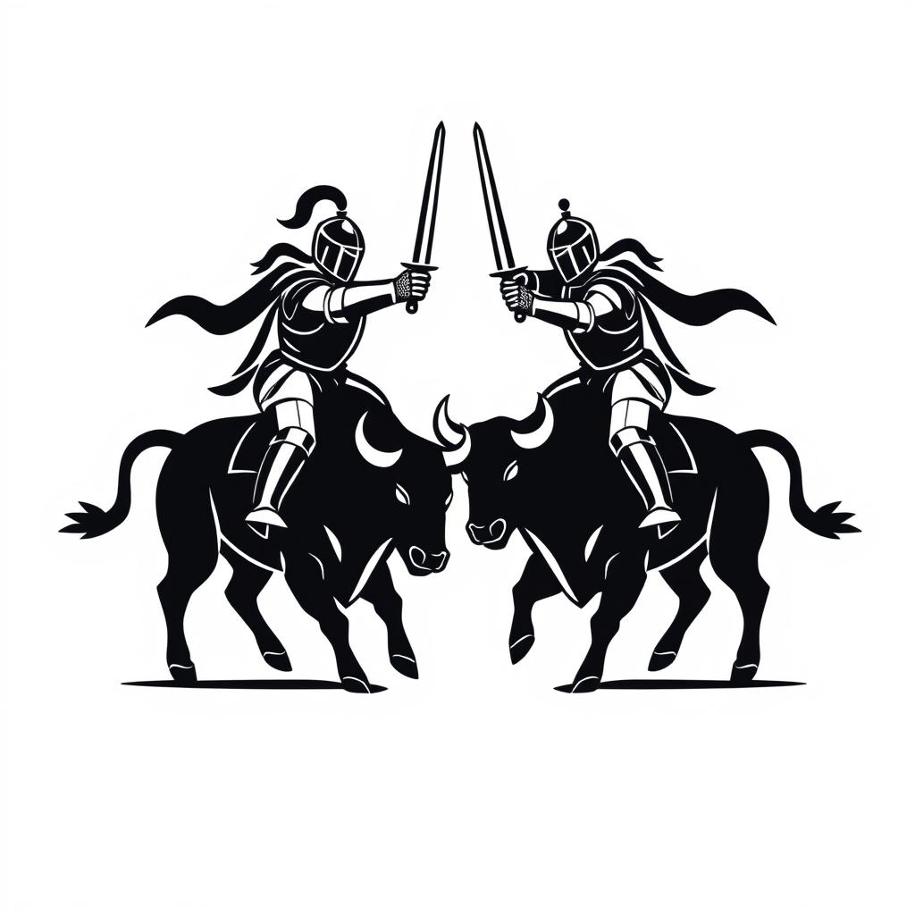 A simplistic black and white logo design that captures an epic scene of two knights clashing, both riding a robust bull