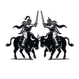 A simplistic black and white logo design that captures an epic scene of two knights clashing, both riding a robust bull