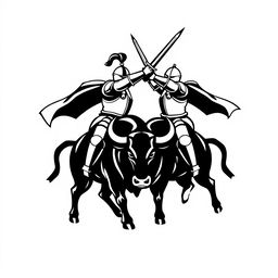 A simplistic black and white logo design that captures an epic scene of two knights clashing, both riding a robust bull