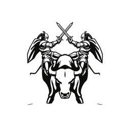 A simplistic black and white logo design that captures an epic scene of two knights clashing, both riding a robust bull