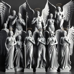 An impressive display of different archangels positioned alongside each other in various stances, embodying a blend of strength and grace as they stand ready to protect and serve