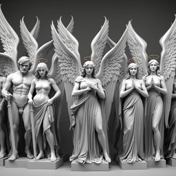 An impressive display of different archangels positioned alongside each other in various stances, embodying a blend of strength and grace as they stand ready to protect and serve