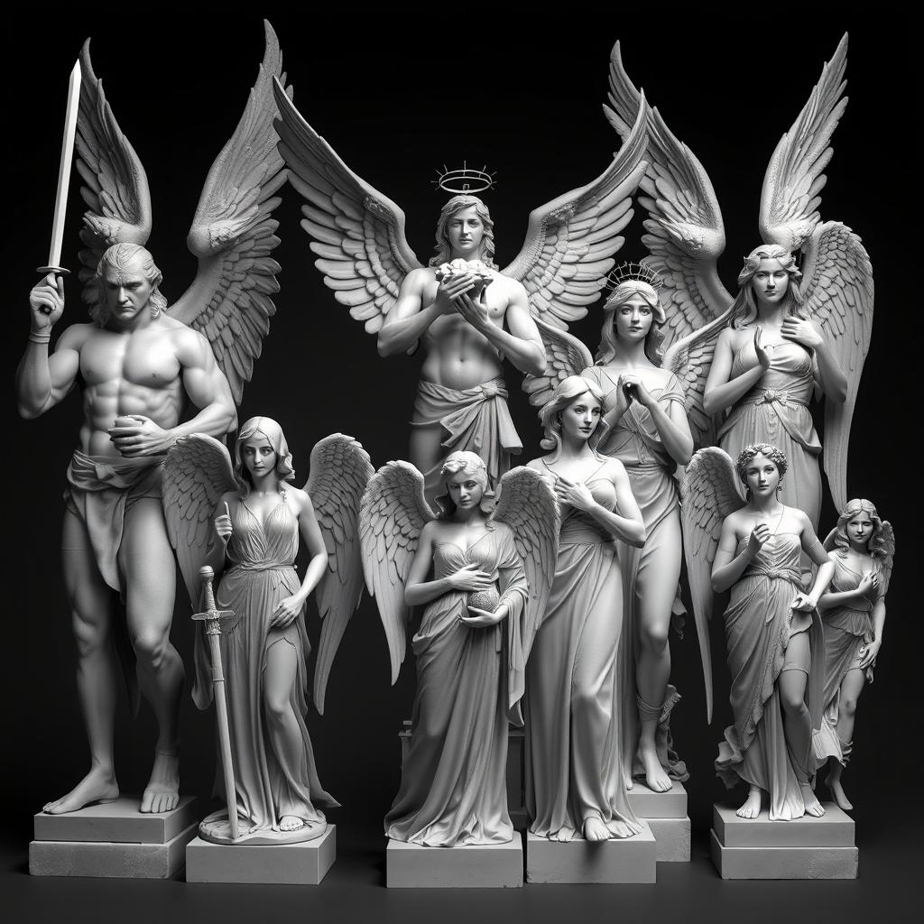 An impressive display of different archangels positioned alongside each other in various stances, embodying a blend of strength and grace as they stand ready to protect and serve