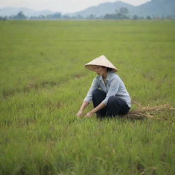 A woman, framed as a motherly figure, is engrossed in harvesting paddies amid a vast, sunlit rice field.