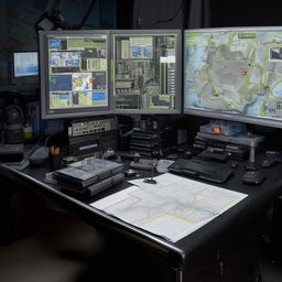 The meticulously organized desk of the SWAT Commander, featuring a high-tech computer setup, detailed maps, critical documents, and vital communication equipment.