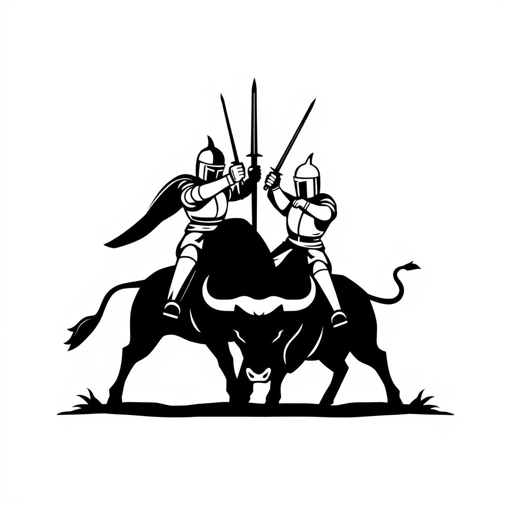 A simple black silhouette logo depicting an epic scene where two knights are facing each other in combat while riding a powerful bull