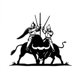 A simple black silhouette logo depicting an epic scene where two knights are facing each other in combat while riding a powerful bull