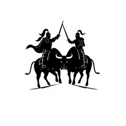 A simple black silhouette logo depicting an epic scene where two knights are facing each other in combat while riding a powerful bull