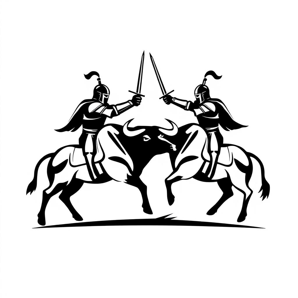 A simple black silhouette logo depicting an epic scene where two knights are facing each other in combat while riding a powerful bull