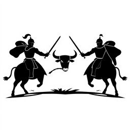 A simple black silhouette logo depicting an epic scene where two knights are facing each other in combat while riding a powerful bull