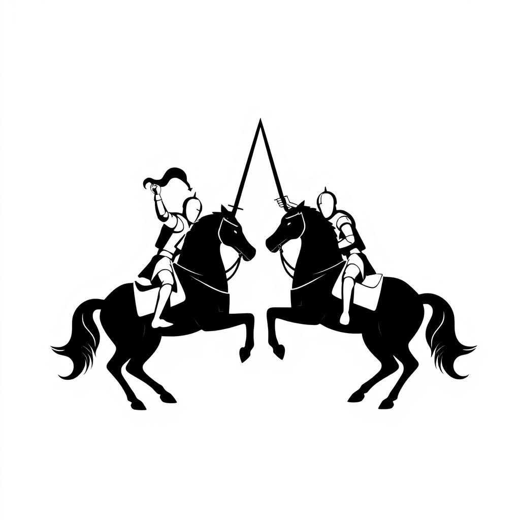 A simple black silhouette logo depicting an epic scene featuring two knights facing each other in combat while riding majestic horses