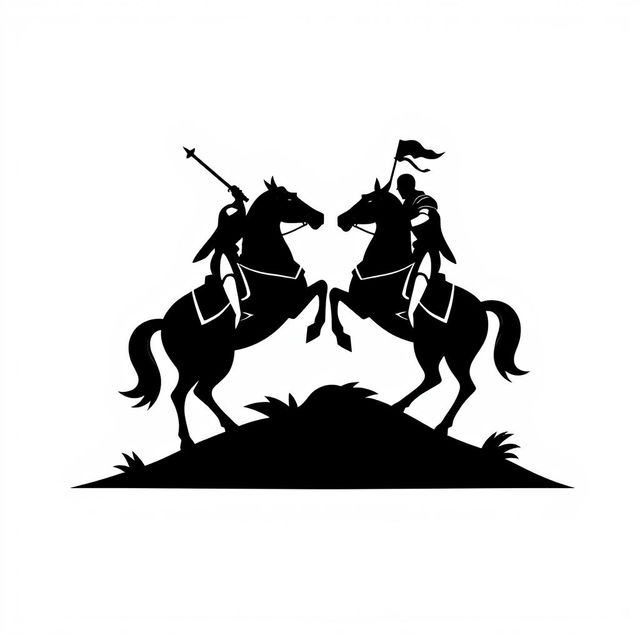 A simple black silhouette logo depicting an epic scene featuring two knights facing each other in combat while riding majestic horses