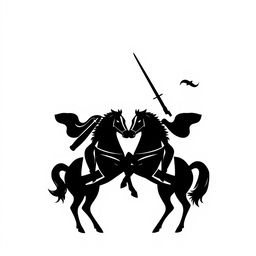 A simple black silhouette logo depicting an epic scene featuring two knights facing each other in combat while riding majestic horses