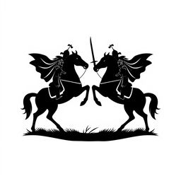 A simple black silhouette logo depicting an epic scene featuring two knights facing each other in combat while riding majestic horses