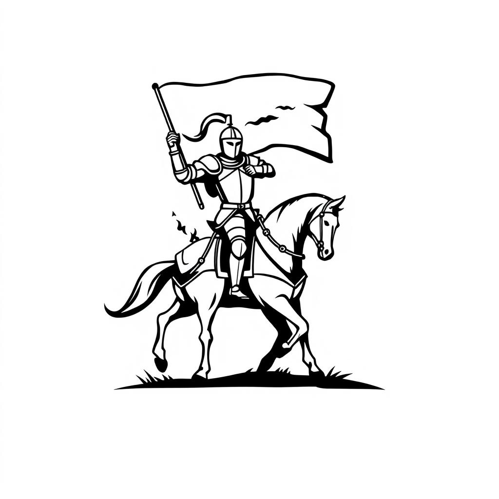 A simple black and white logo depicting a knight proudly holding a flag while riding a noble horse