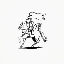 A simple black and white logo depicting a knight proudly holding a flag while riding a noble horse