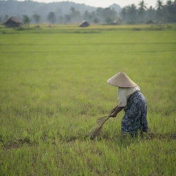 A woman, framed as a motherly figure, is engrossed in harvesting paddies amid a vast, sunlit rice field.