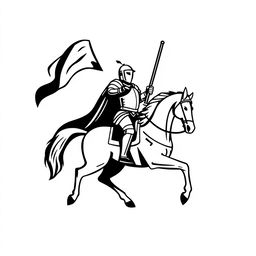 A simple black and white logo depicting a knight proudly holding a flag while riding a noble horse