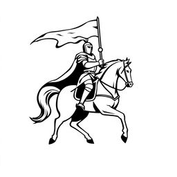 A simple black and white logo depicting a knight proudly holding a flag while riding a noble horse