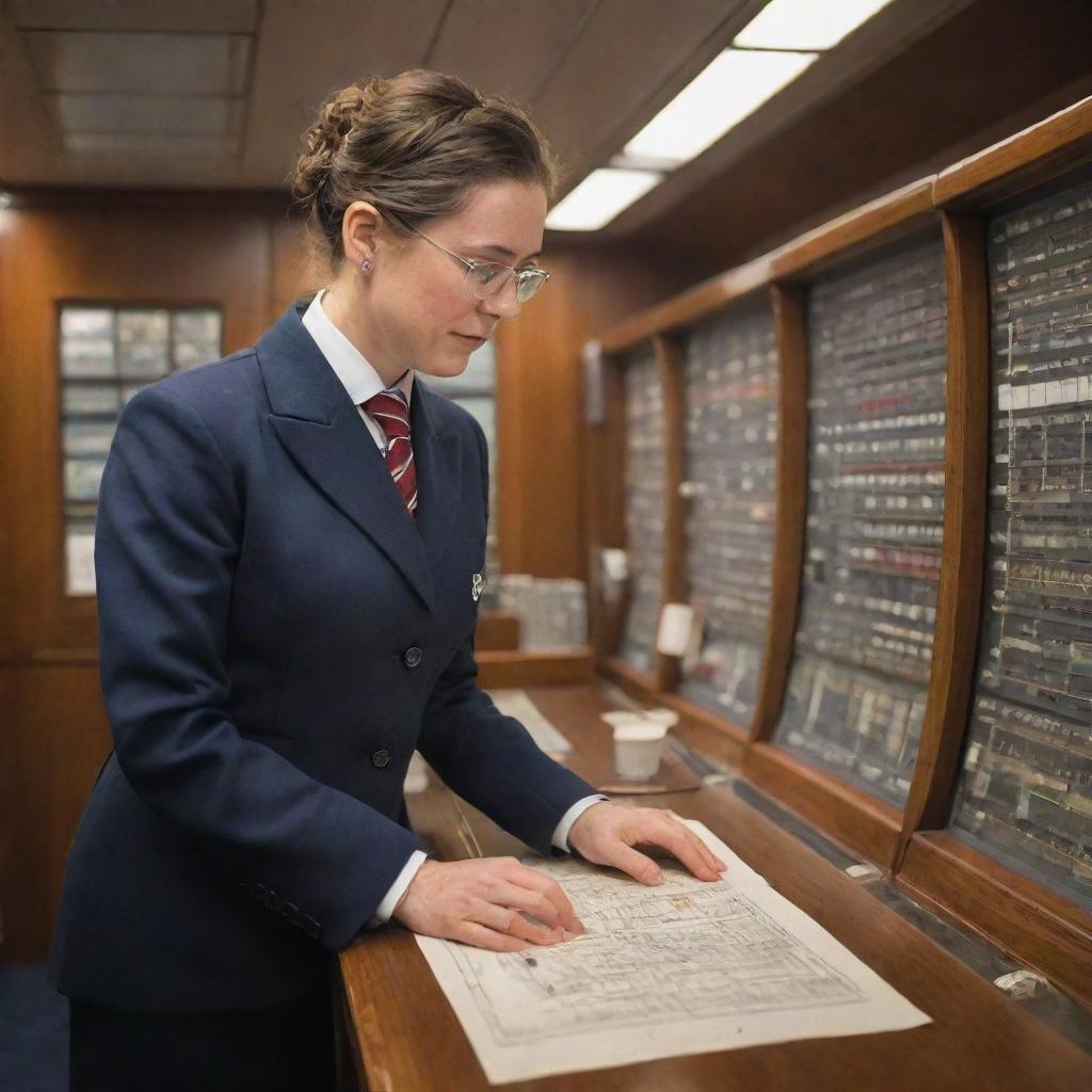 An individual in professional attire busily working onboard a large, meticulously detailed ship.