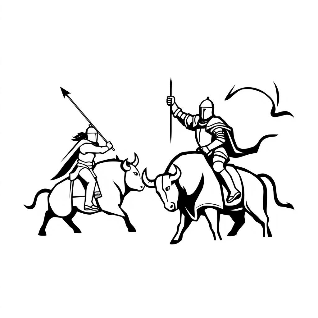 A simple black and white logo depicting an epic scene with two knights facing each other