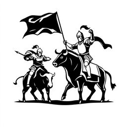 A simple black and white logo depicting an epic scene with two knights facing each other