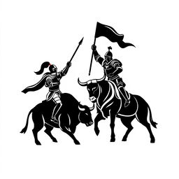 A simple black and white logo depicting an epic scene with two knights facing each other