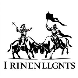 A simple black and white logo depicting an epic scene with two knights facing each other