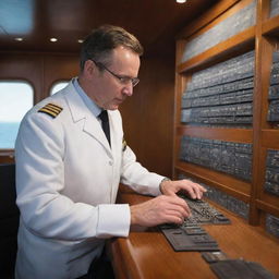 An individual in professional attire busily working onboard a large, meticulously detailed ship.