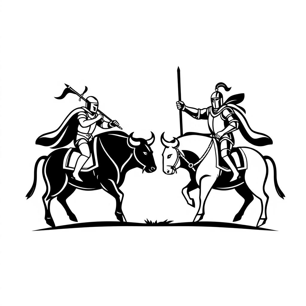 A simple black and white logo featuring two knights facing each other